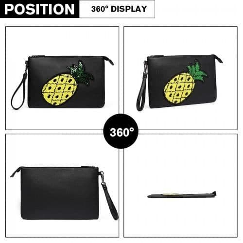 image-LT6822P-MISS LULU MISS LULU PU LEATHER SEQUIN PINEAPPLE CLUTCH BAG BLACK