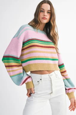 image-Multicolour Striped Knit Ribbed Trim Boxy Fit Cropped Sweater