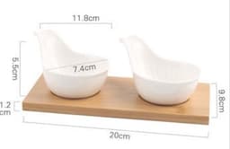 image-Ceramic Divided Serving Dish with Wooden Tray - Porcelain Bowl