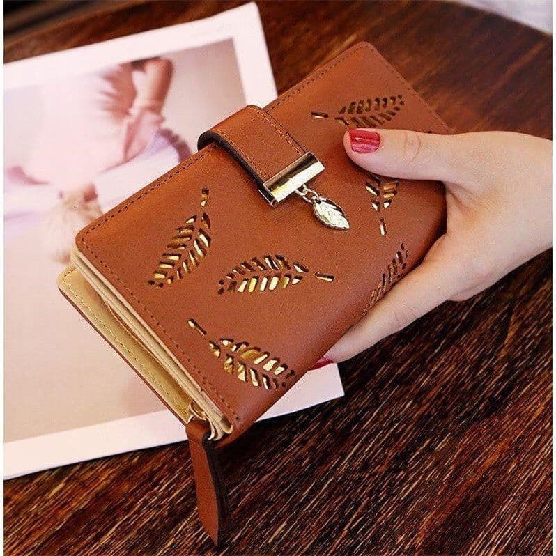 image-Women's Wallet Long PU Leather - Brown Hollow