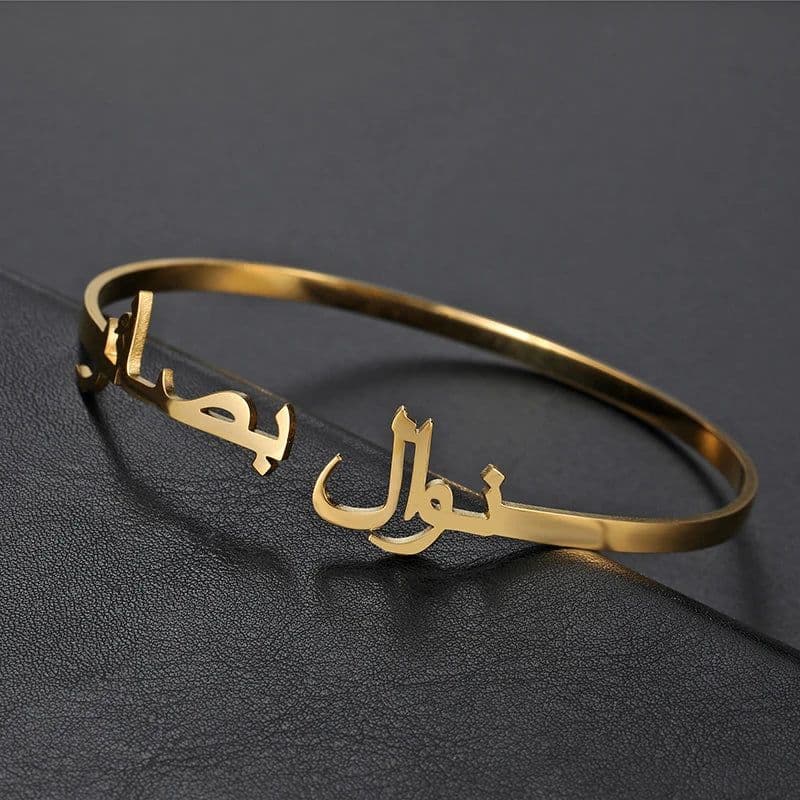 image-Kcaco Customized Letter Name Bracelet Personalized Arabic Name Adjustable Bangles Women Men Stainless Steel Kids Cuff Gift
