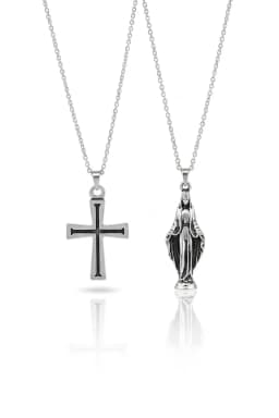 image-2 Piece Cross and Virgin Mary Necklace Set Men Religious Style Jewelry