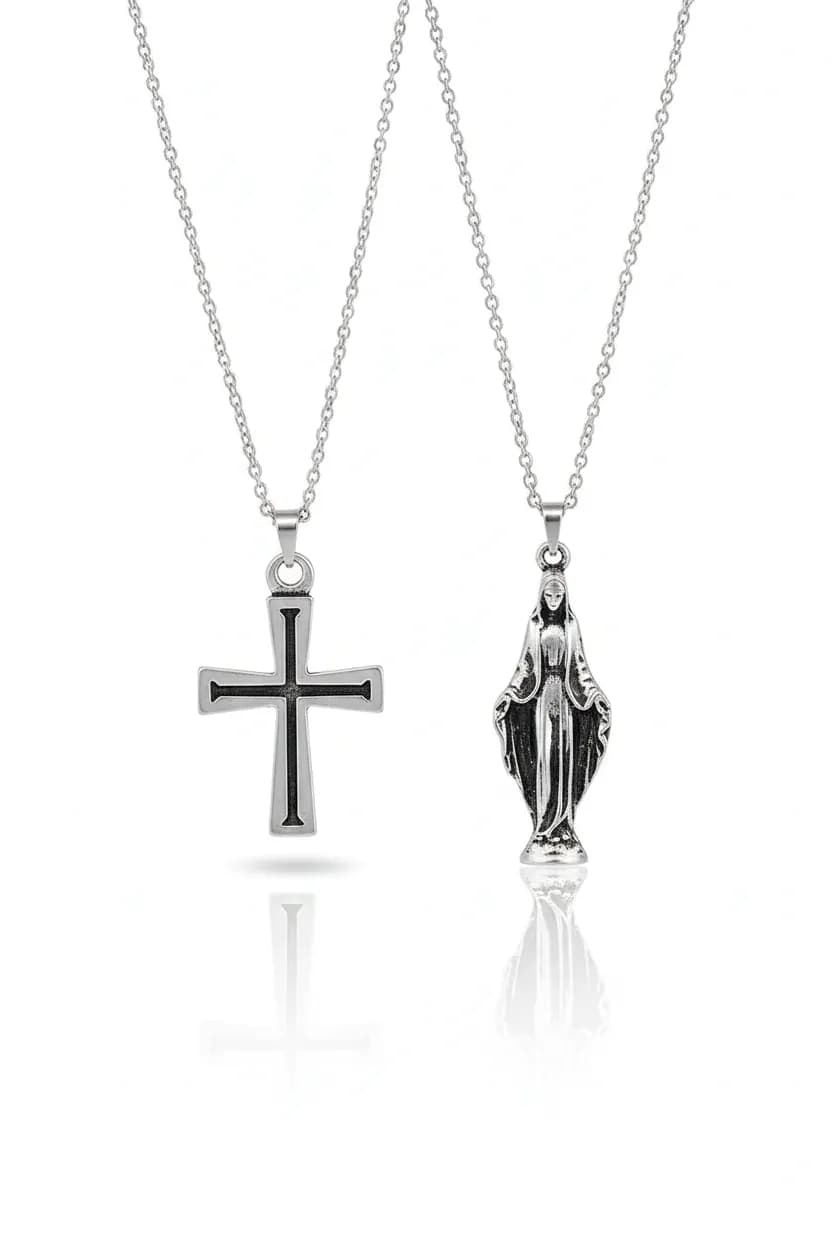 image-2 Piece Cross and Virgin Mary Necklace Set Men Religious Style Jewelry