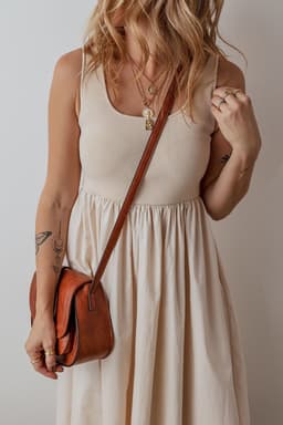 image-Beige Scoop Neck Ribbed Bodice Pleated Sleeveless Long Dress