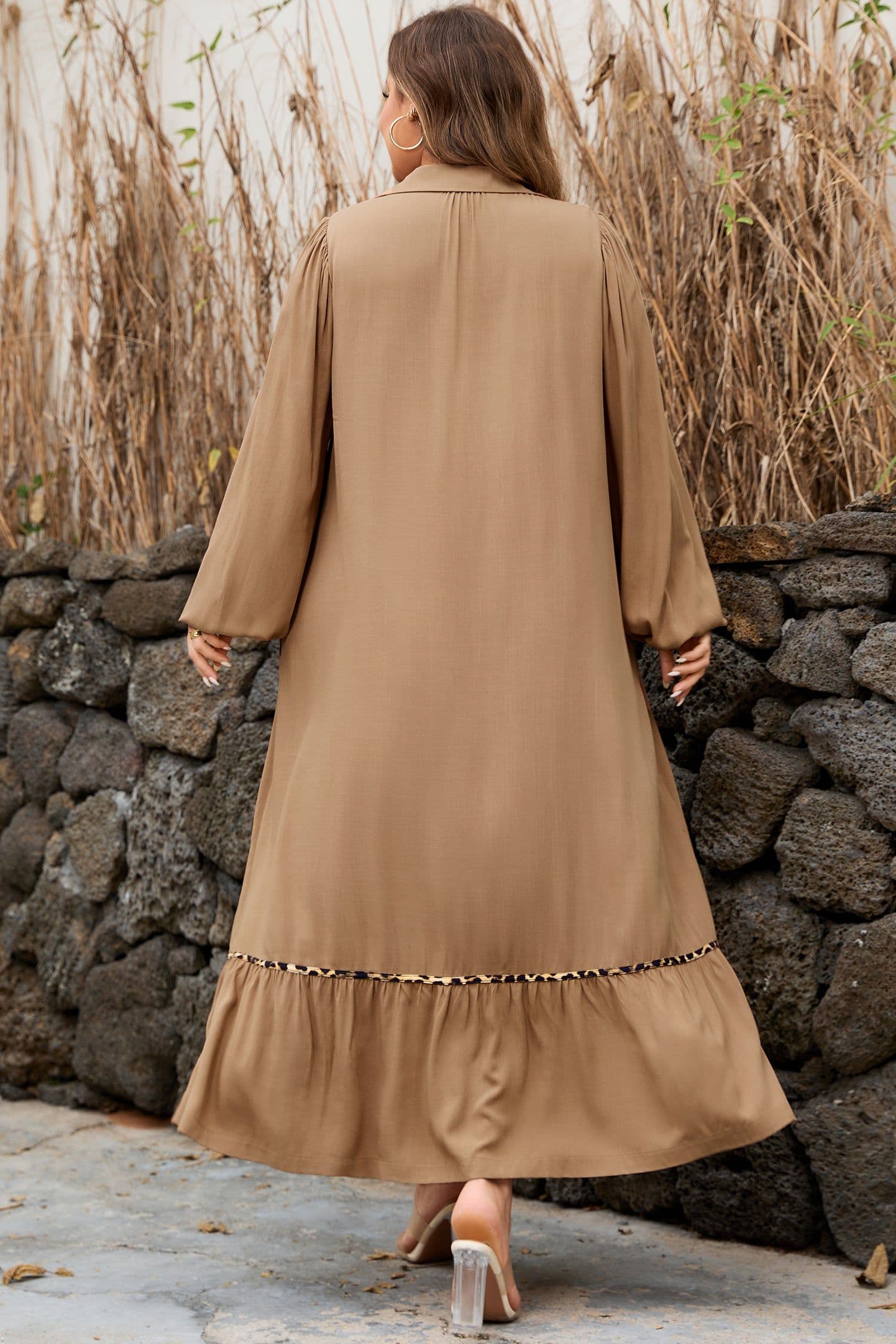 image-Chestnut Smocked V Neckline Leopard Piping Accent Bracelet Plus Size Long Dress