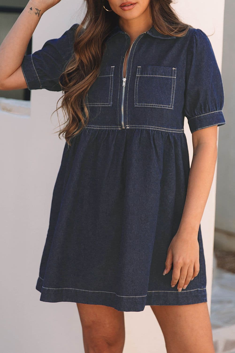 image-Dirty Blue Denim Dress - Collared Puff Sleeve Zip Front