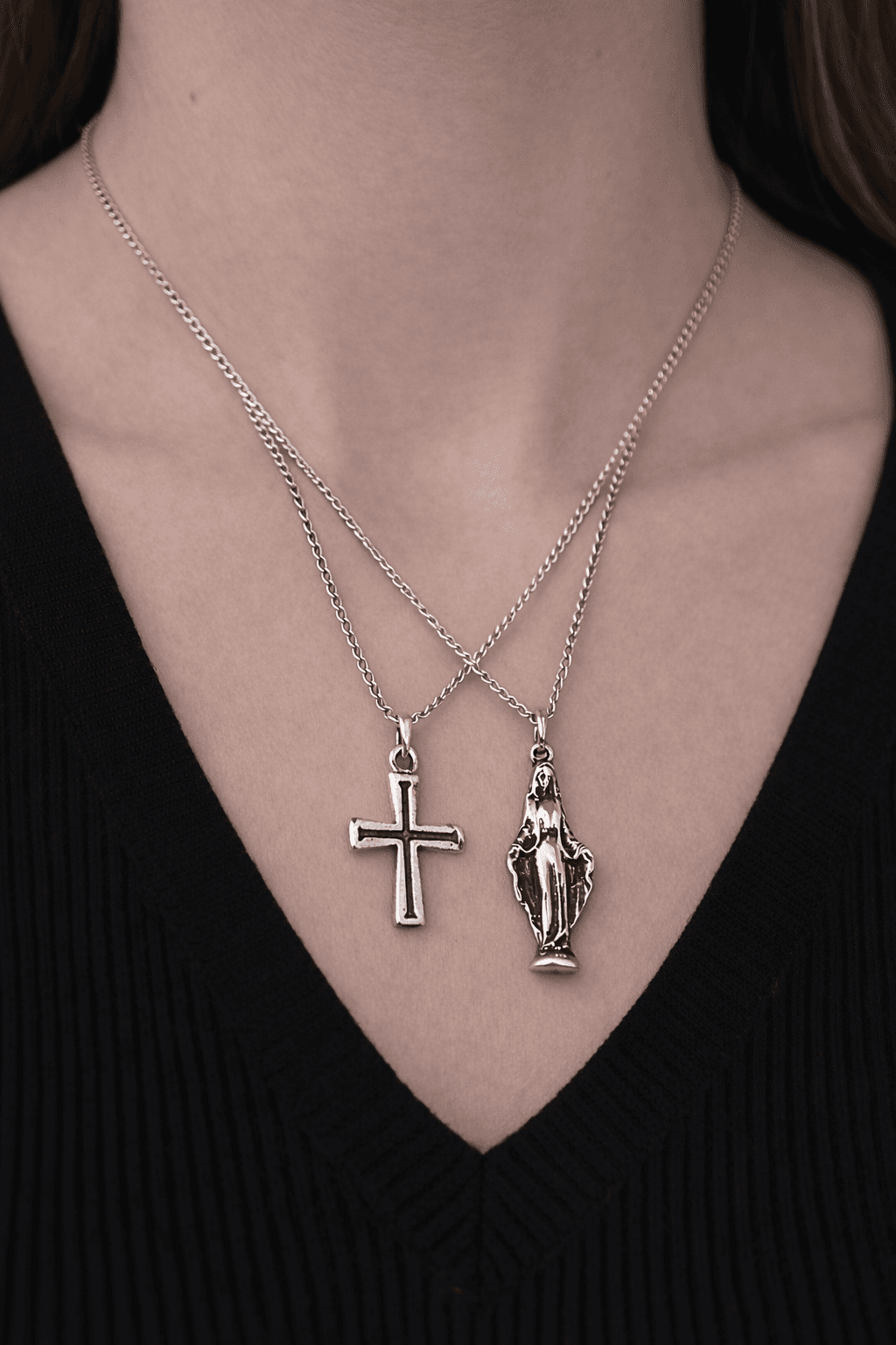image-2 Piece Cross and Virgin Mary Necklace Set Men Religious Style Jewelry