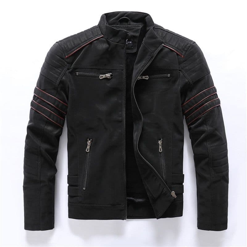 image-Men's PU Leather Jacket - Slim Fit Vintage Black