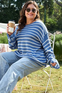 image-Sky Blue Stripe Drop Shoulder Sweater - Plus Size