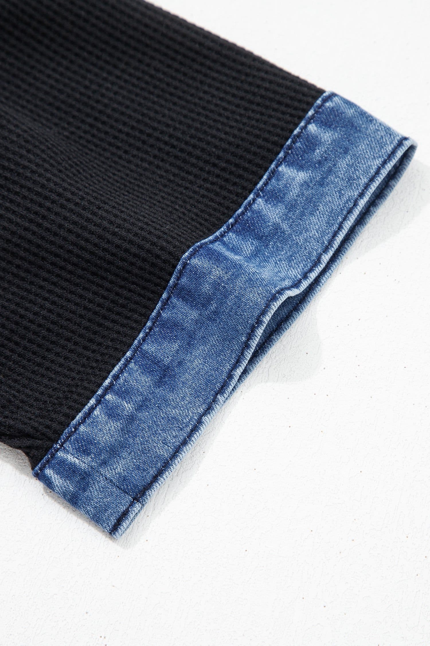 image-Black Waffle Knit Polo Top - Denim Contrast