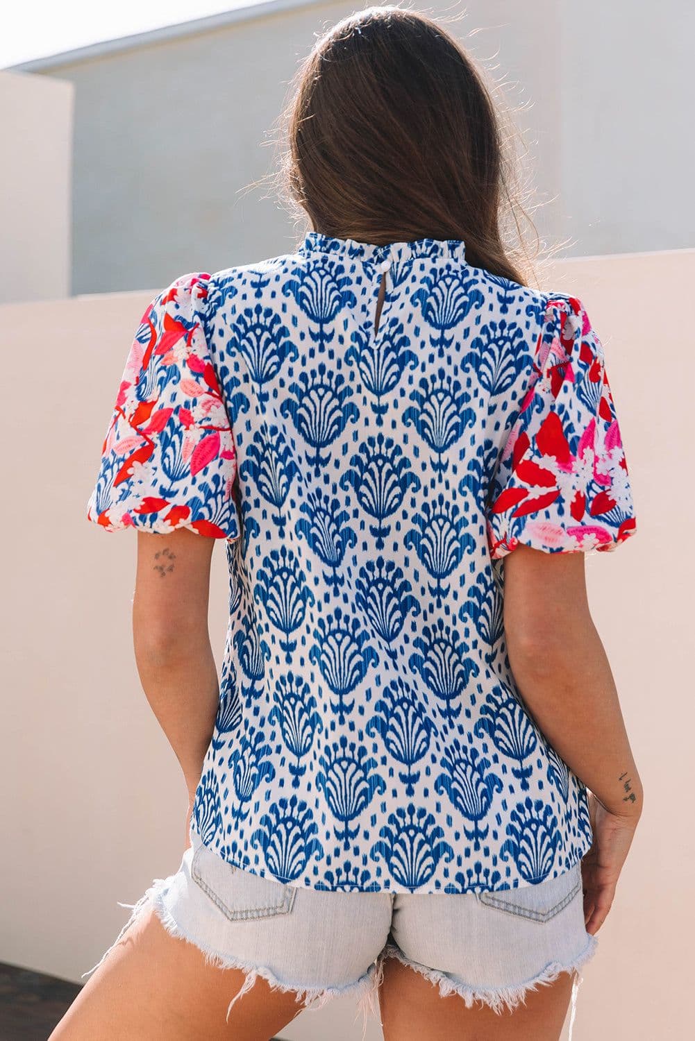 image-Blue Floral Western Print Blouse with Puff Sleeves - Chic Frilled Neck