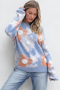 image-Beau Blue Floral O-Neck Drop Shoulder Sweater