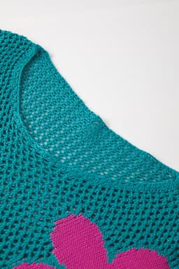 image-Sea Green Big Flower Hollowed Knit Drop Shoulder Sweater