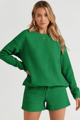 image-Textured Long Sleeve Top & Drawstring Shorts Set - Green