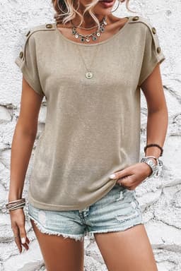 image-Smoke Gray Batwing Sleeve Casual Tee - Button Detail, Versatile