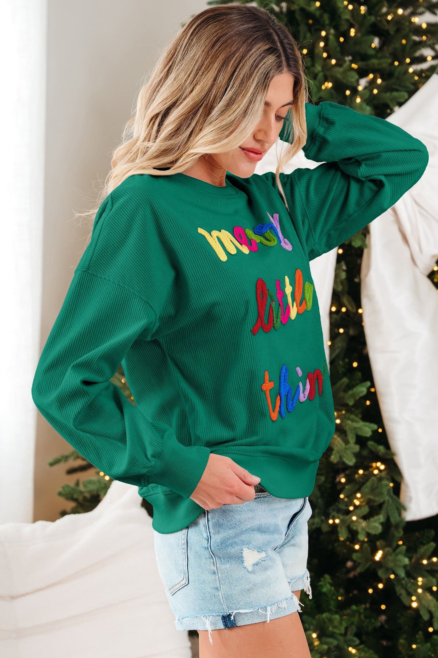image-Dark Green Corded Letter Graphic Sweatshirt