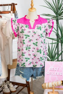 image-Pink Striped Strawberry Blouse - V Neck Flutter Sleeve