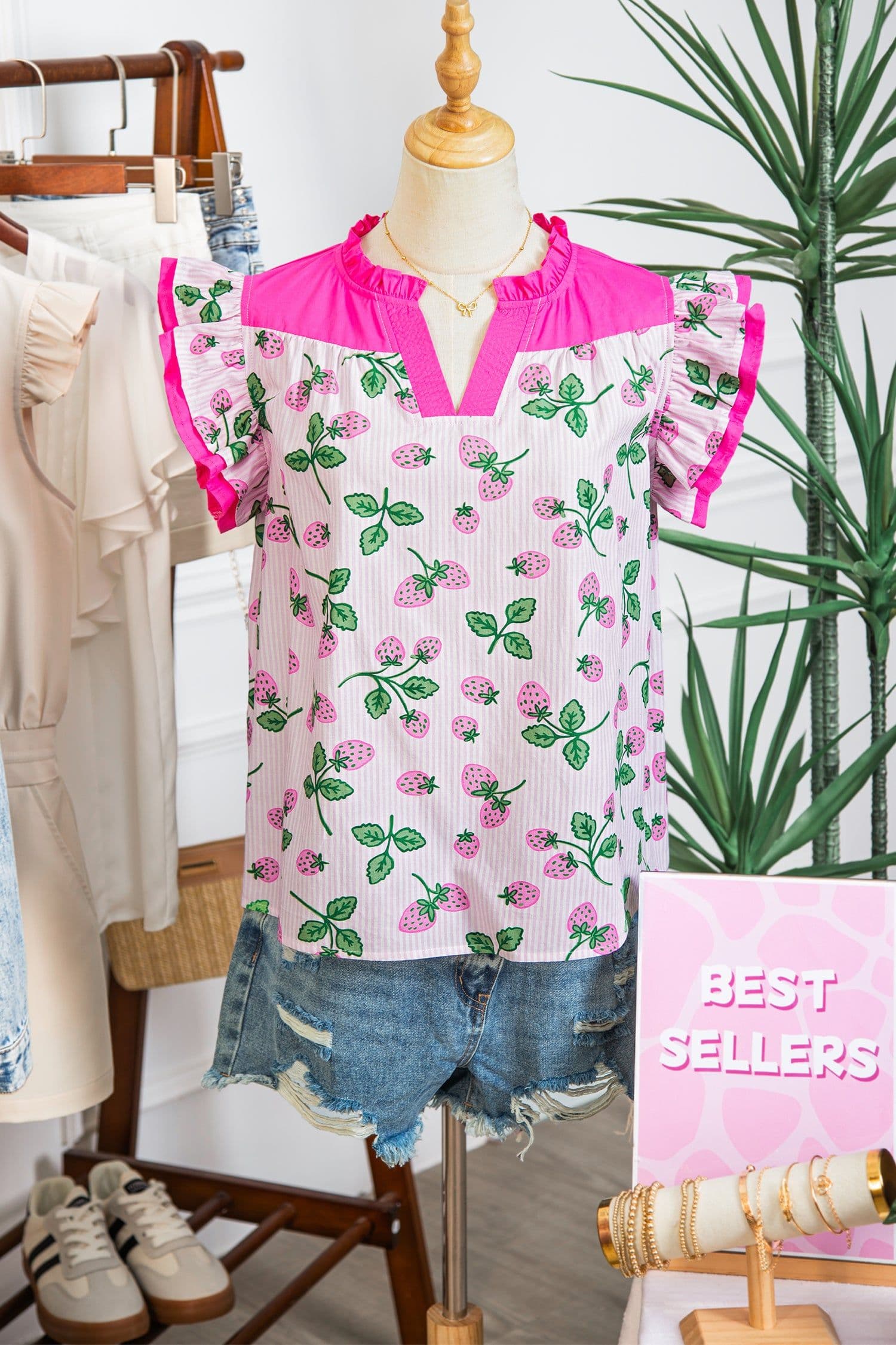image-Pink Striped Strawberry Blouse - V Neck Flutter Sleeve