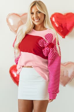 image-Floral Patch Textured Top - Striped Sleeves, Pink, Sizes S-XL