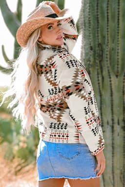 image-Beige Aztec Print Stand Neck Zip Jacket