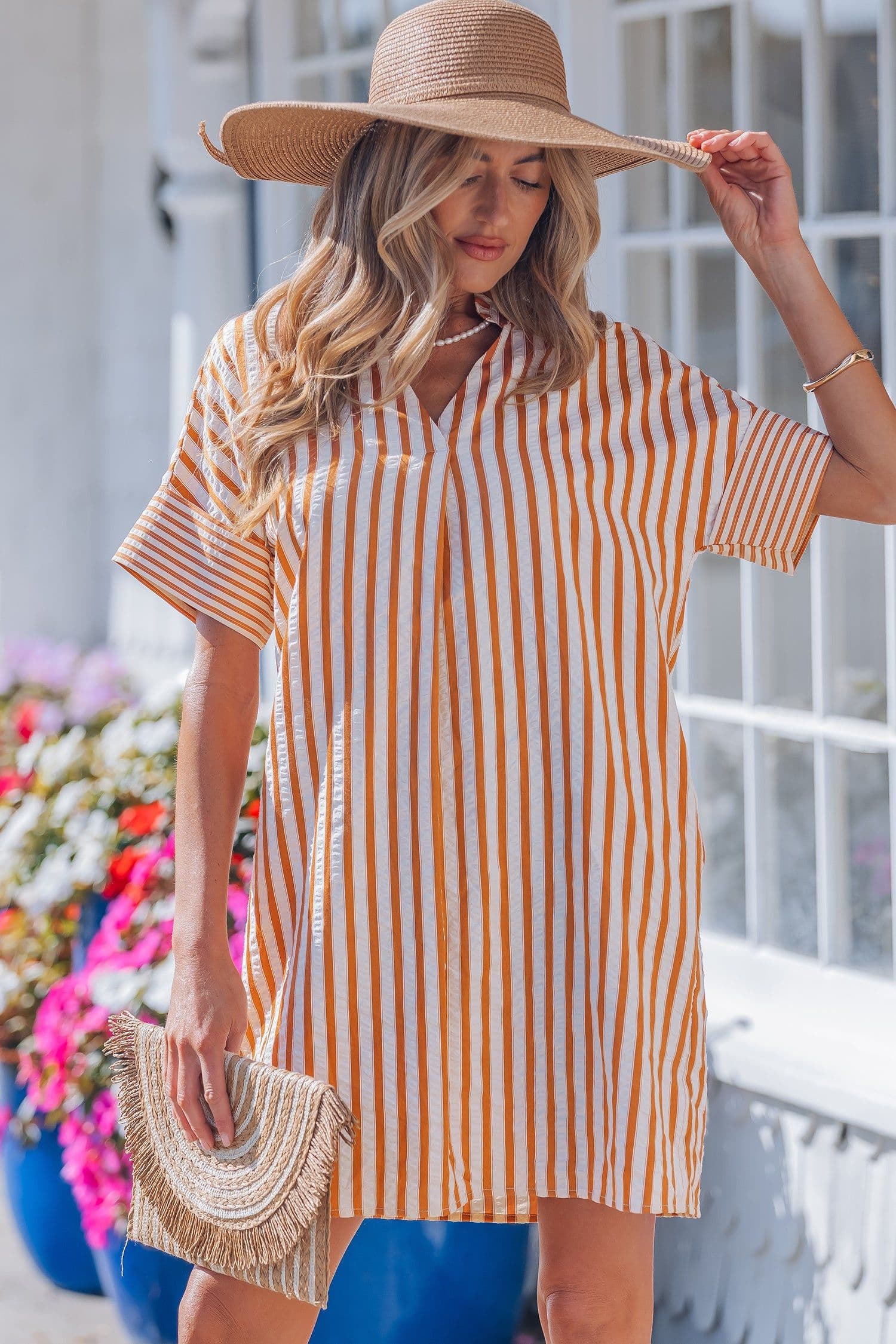 image-Brown Stripe Pinched V Neck Turn-up Cuffs Shift Mini Dress