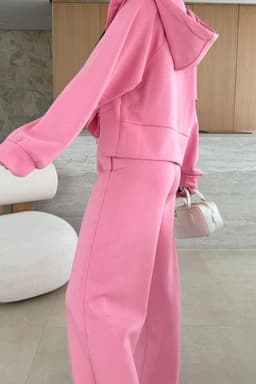 image-Pink Solid Color Zip Up Hoodie Drawstring Loose Pants Set