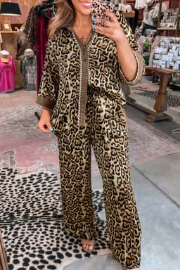 image-Brown Leopard Collared 3/4 Sleeve Shirt and Loose Pants Two Piece Outfit Set