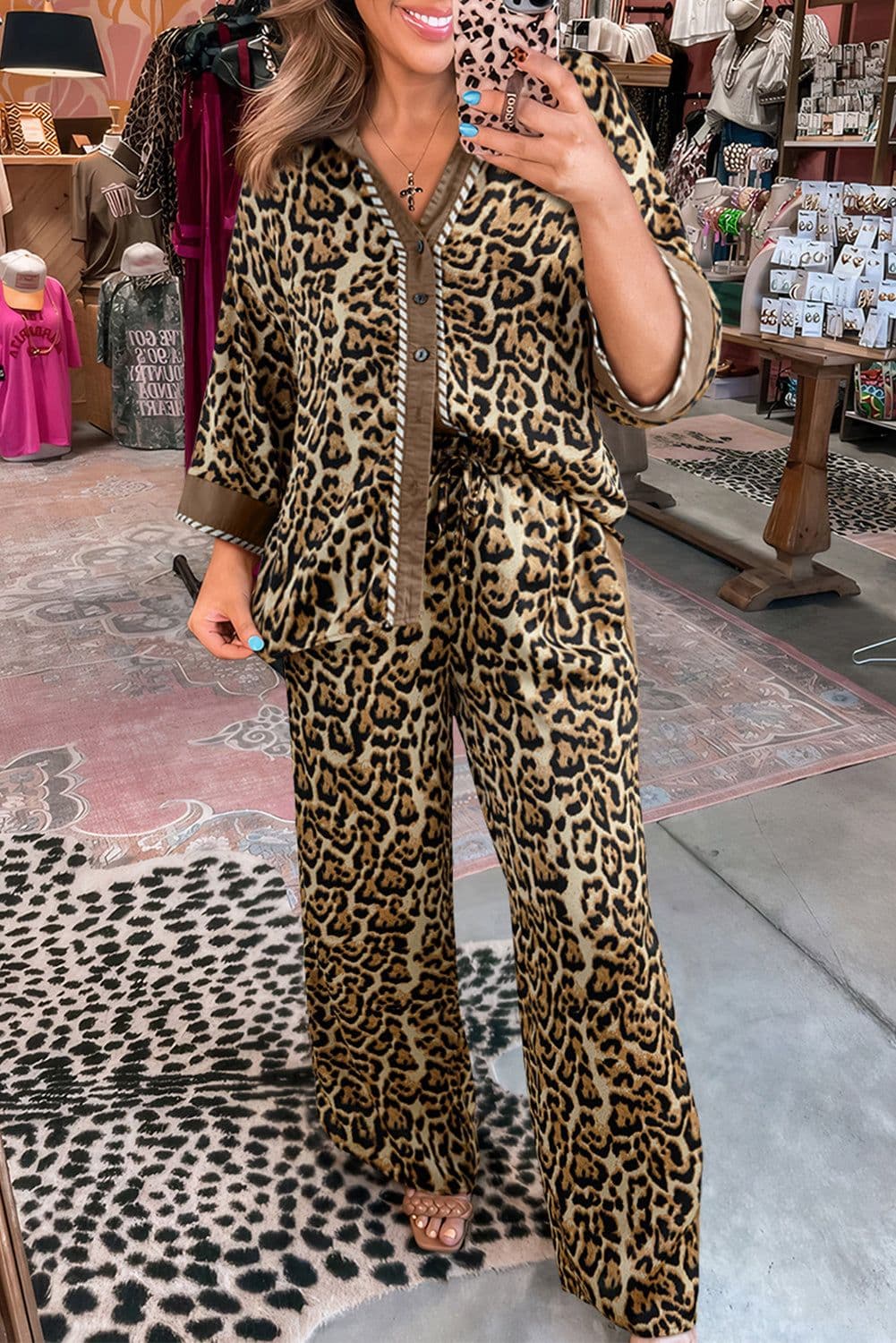 image-Brown Leopard Collared 3/4 Sleeve Shirt and Loose Pants Two Piece Outfit Set