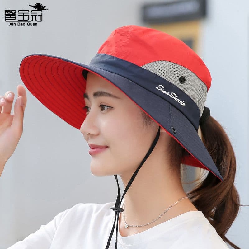 image-9002 Summer Ladies Outdoor Sunshade Hat Horsetail Hole Fisherman Hat Sunscreen Sun Hat Breathable Mountaineering Hat Parent-child Model
