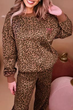 image-Coffee Leopard Print Contrast Trim Long Sleeve Top and Pants Set