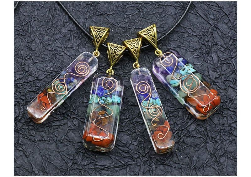 image-Orgonite chakela necklace, crystal semi-precious stone gravel, meditation seven chakra pendant