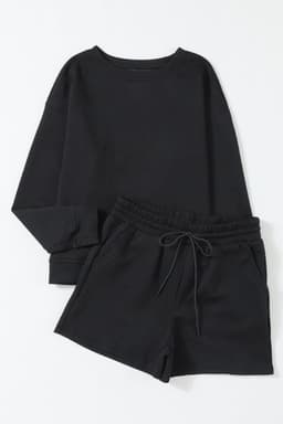 image-Textured Long Sleeve Top & Drawstring Shorts Set - Green