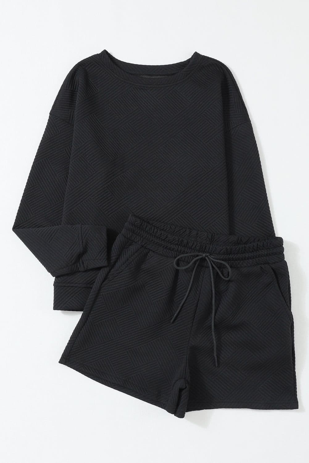 image-Textured Long Sleeve Top & Drawstring Shorts Set - Green