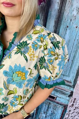 image-Sky Blue Plus Size Frilled V Neck Short Sleeve Floral Blouse
