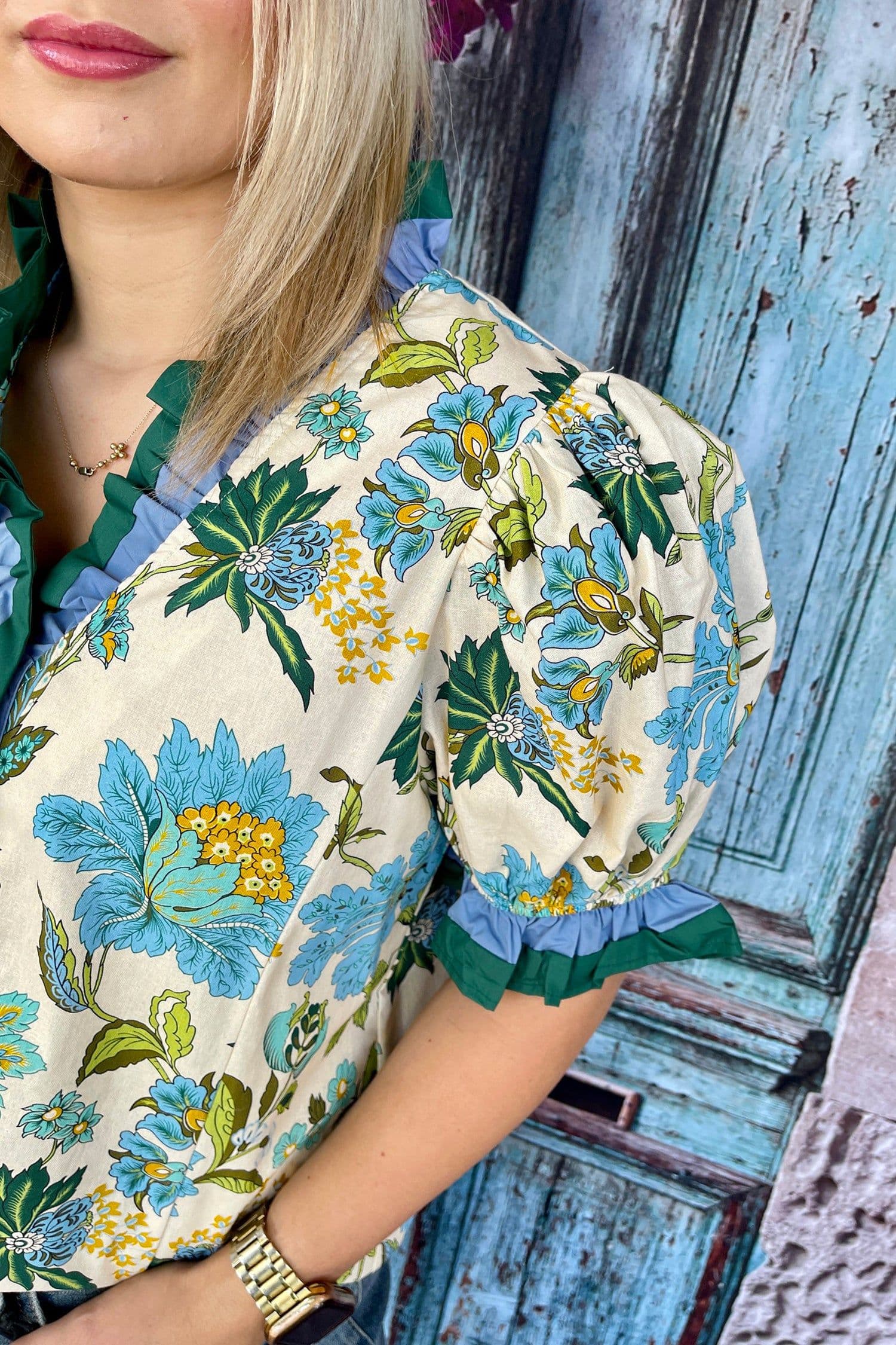 image-Sky Blue Plus Size Frilled V Neck Short Sleeve Floral Blouse