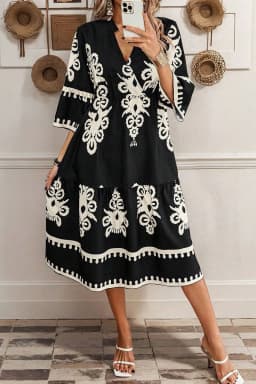 image-Geometric Print 3/4 Sleeve Loose Midi Dress - Black