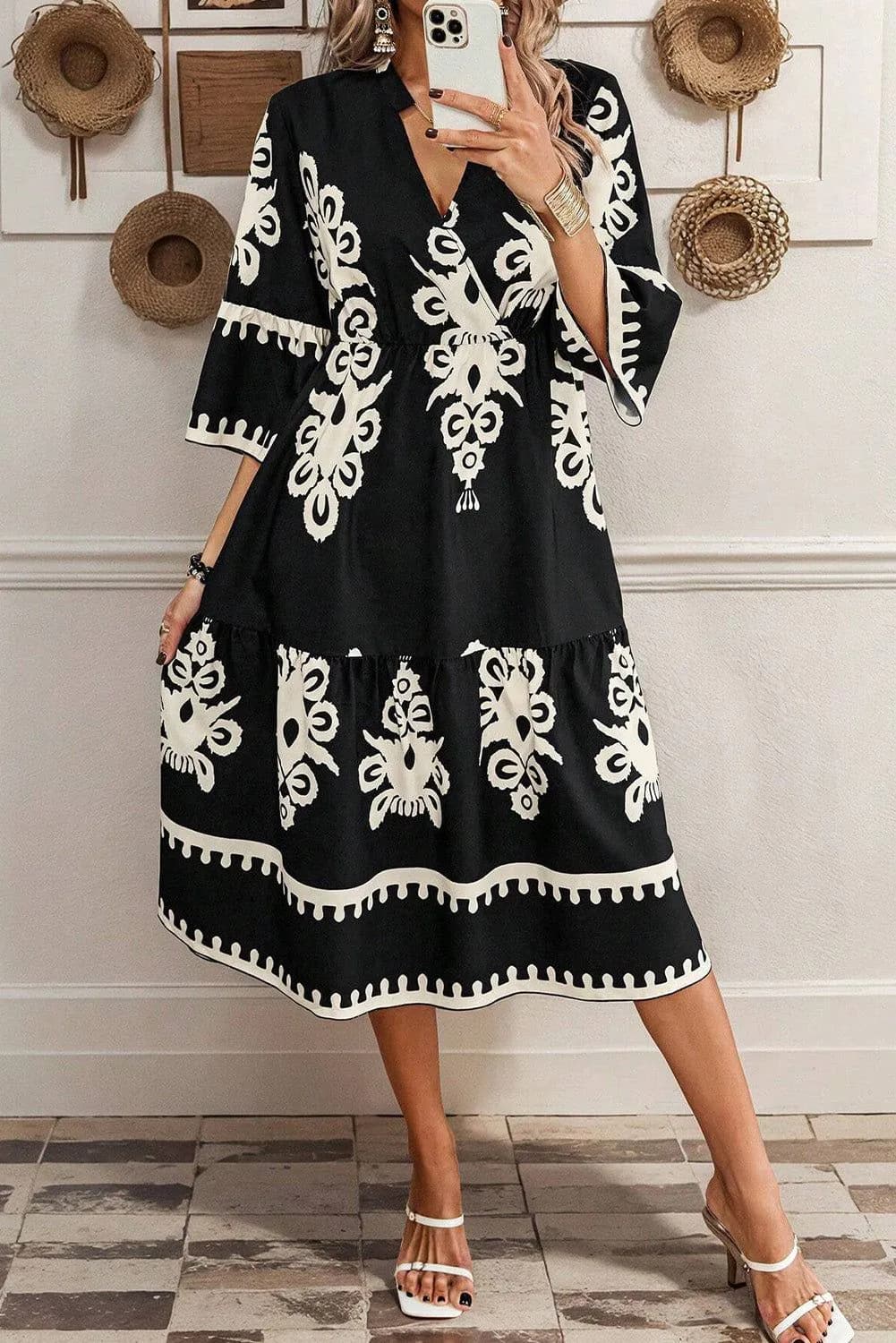 image-Geometric Print 3/4 Sleeve Loose Midi Dress - Black
