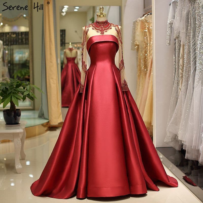 image-Dark Blue Satin Evening Dress - Long Sleeve