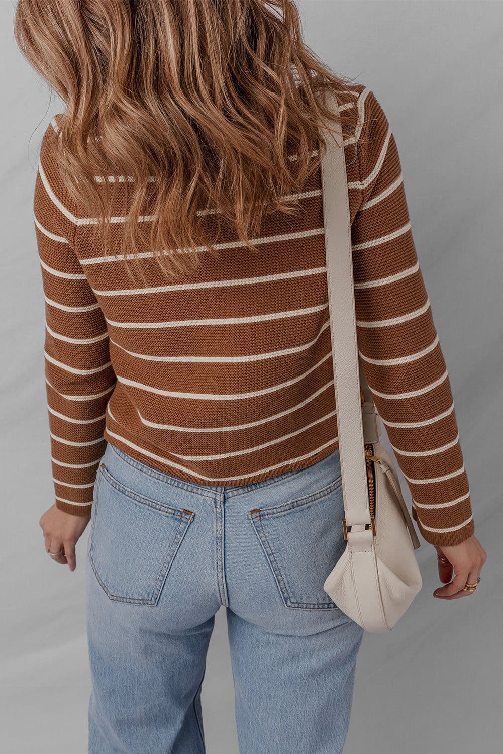 image-Chestnut Tie Front Striped Knit Cardigan V Neck