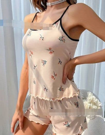 image-Floral Print Pajama Set, Apricot, XXL, Polyester, Sexy Style