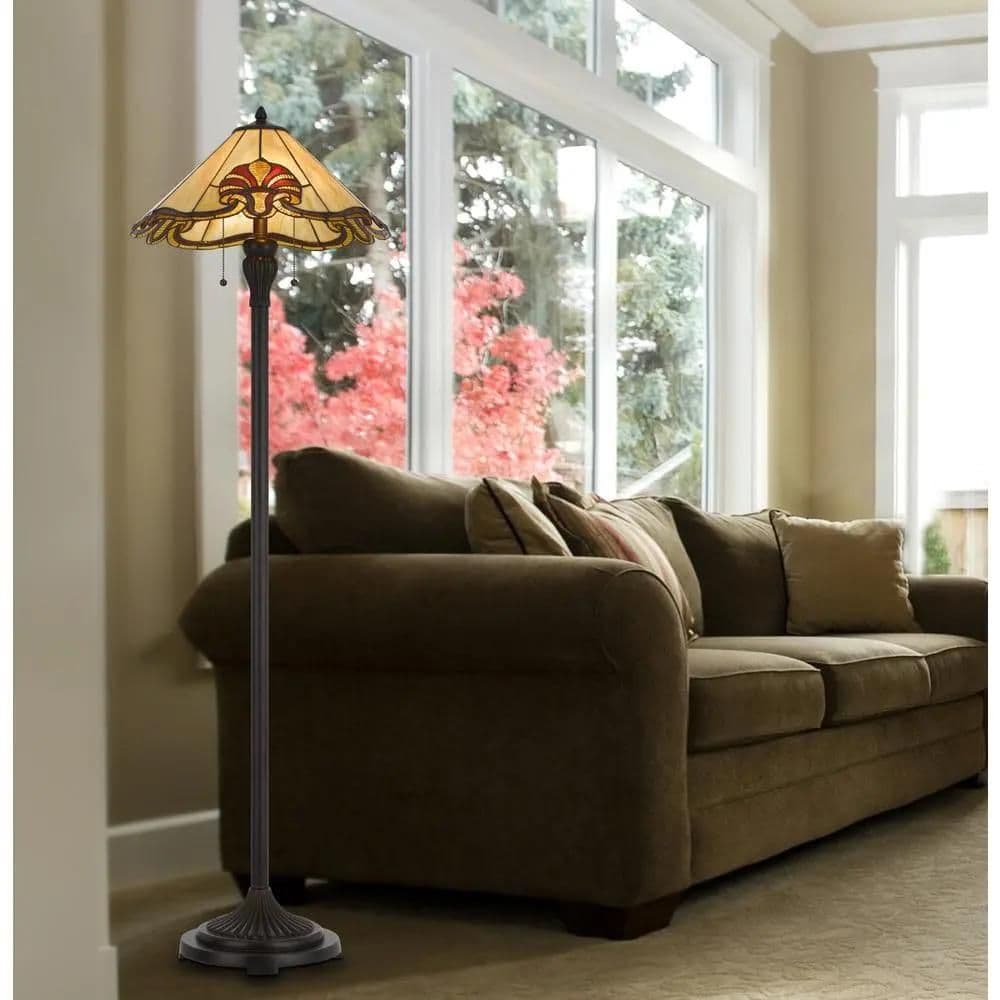 image-60W X 2 Tiffany Table Lamp With Pull Chain Switch With Metal And Resin Lamp Body