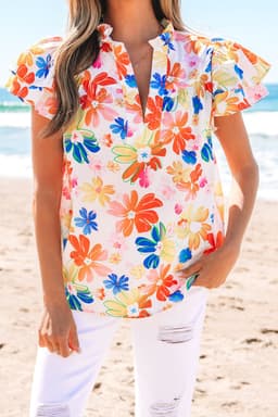 image-White Floral Bouquet Flutter Sleeve Top