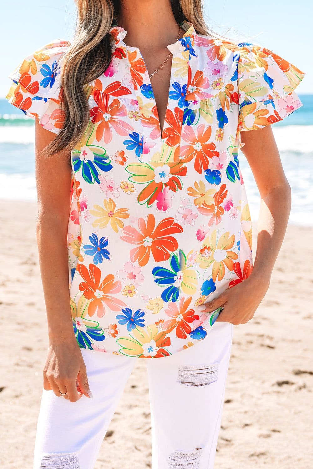 image-White Floral Bouquet Flutter Sleeve Top