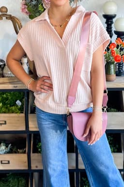 image-Light Pink Collared V Neck Ribbed Tee