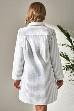 image-White V-Neck Beach Cover Up with Stripe Collar & Long Sleeves - Sizes S-2XL
