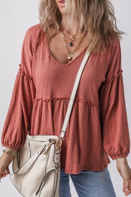 image-Mineral Red Textured Frilled Trim V Neck Blouse with Puff Sleeves