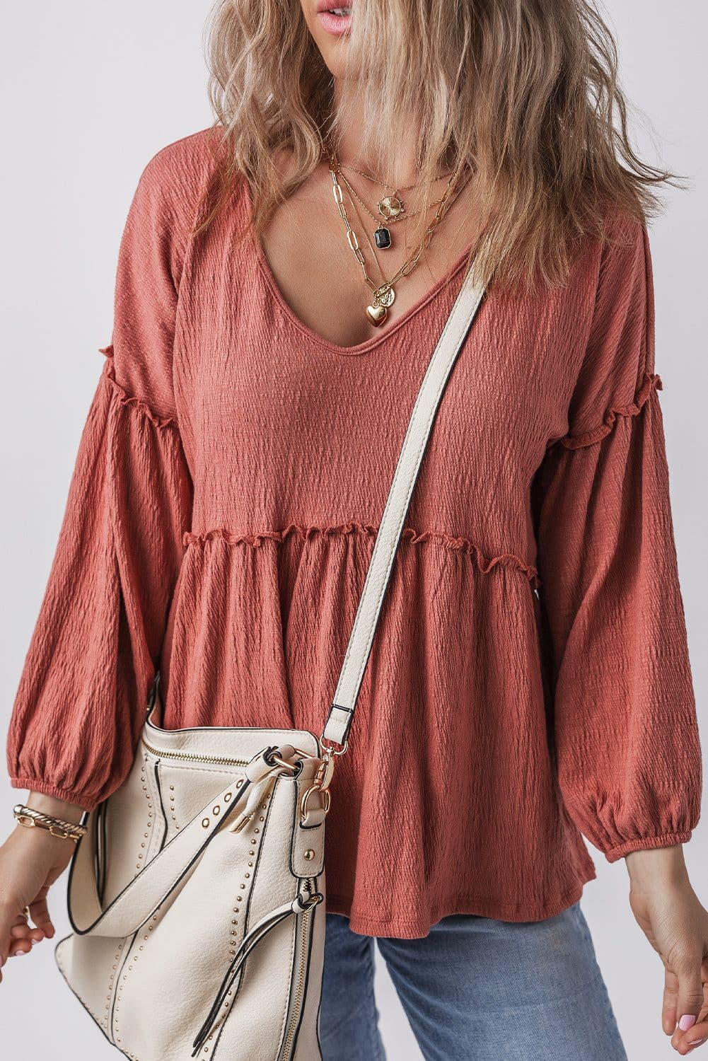 image-Mineral Red Textured Frilled Trim V Neck Blouse with Puff Sleeves