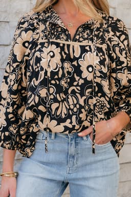 image-Black Floral Boho Blouse - Shirred Yoke Bracelet Sleeve