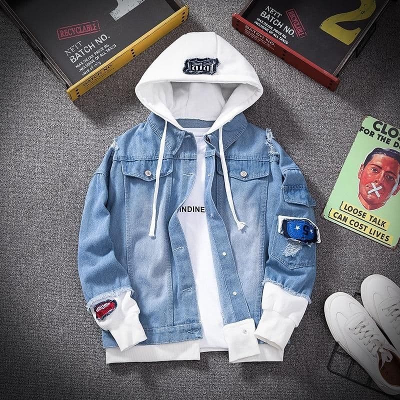 image-E-BAIHUI Men Denim Jacket Streetwear Hip Hop Hooded Jean Jackets Male