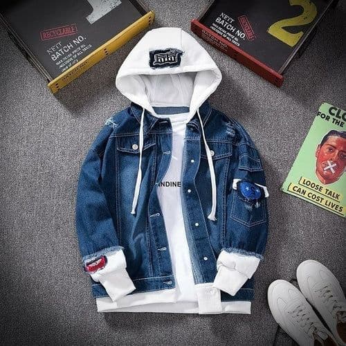 image-E-BAIHUI Men Denim Jacket Streetwear Hip Hop Hooded Jean Jackets Male